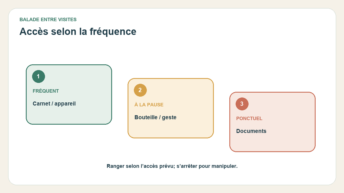 Schéma original : Fréquent — En premier: Carnet ou appareil ; À la pause — Accessible: Bouteille et geste prévu ; Ponctuel — En retrait: Documents selon besoin. Ranger par fréquence réduit les manipulations au moment de s’arrêter.